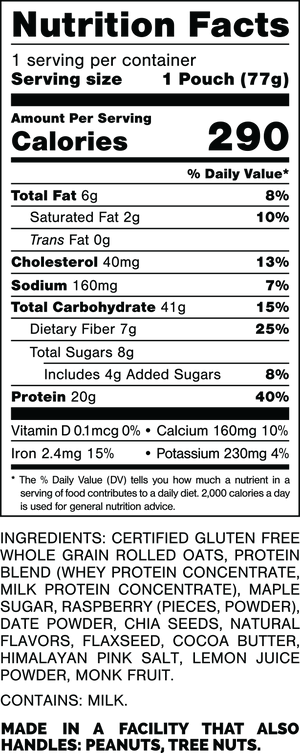 Nutrition Facts.
Serving Size: 1 Pouch (77gram).
Calories: 290.
Total Fat: 6gram 8%.
Saturated Fat: 2gram 10%.
Trans Fat: 0gram.
Cholesterol: 40mg 13%.
Sodium: 160mg 7%.
Total Carbohydrates: 41gram 15%.
Dietary Fiber: 7gram 25%.
Total Sugars: 8gram.
Includes: 4gram Added Sugars 8%.
Protein: 20gram 40%.
Vitamin D: 0.1mcg 0%.
Calcium: 160mg 10%.
Iron: 2.4mg 15%.
Potassium: 230mg 4%.

INGREDIENTS: CERTIFIED GLUTEN FREE WHOLE GRAIN ROLLED OATS, PROTEIN BLEND (WHEY PROTEIN CONCENTRATE, MILK PROTEIN CONCENTRATE), MAPLE SUGAR, RASPBERRY (PIECES, POWDER), DATE POWDER, CHIA SEEDS, NATURAL FLAVORS, FLAXSEED, COCOA BUTTER, HIMALAYAN PINK SALT, LEMON JUICE POWDER, MONK FRUIT.

CONTAINS: MILK.

MADE IN A FACILITY THAT ALSO HANDLES: PEANUTS, TREE NUTS.