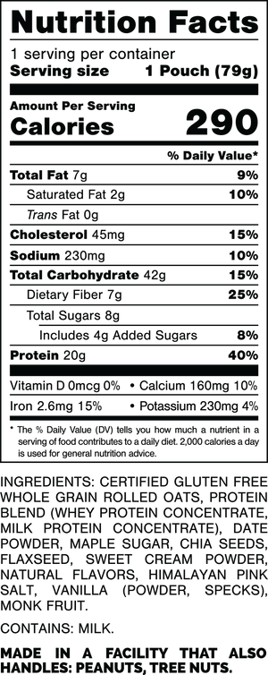 Nutrition Facts.
Serving Size: 1 Pouch (79gram).
Calories: 290.
Total Fat: 7gram 9%.
Saturated Fat: 2gram 10%.
Trans Fat: 0gram.
Cholesterol: 45mg 15%.
Sodium: 230mg 10%.
Total Carbohydrates: 42gram 15%.
Dietary Fiber: 7gram 25%.
Total Sugars: 8gram.
Includes: 4gram Added Sugars 8%.
Protein: 20gram 40%.
Vitamin D: 0mcg 0%.
Calcium: 160mg 10%.
Iron: 2.6mg 15%.
Potassium: 230mg 4%.

INGREDIENTS: CERTIFIED GLUTEN FREE WHOLE GRAIN ROLLED OATS, PROTEIN BLEND (WHEY PROTEIN CONCENTRATE, MILK PROTEIN CONCENTRATE), DATE POWDER, MAPLE SUGAR, CHIA SEEDS, FLAXSEED, SWEET CREAM POWDER, NATURAL FLAVORS, HIMALAYAN PINK SALT, VANILLA (POWDER, SPECKS), MONK FRUIT.

CONTAINS: MILK.

MADE IN A FACILITY THAT ALSO HANDLES: PEANUTS, TREE NUTS.