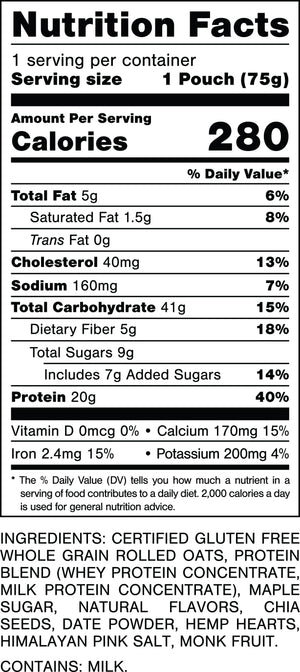 Nutrition Facts.
Serving Size: 1 Pouch (75gram).
Calories: 280.
Total Fat: 5gram 6%.
Saturated Fat: 1.5gram 8%.
Trans Fat: 0gram.
Cholesterol: 40mg 13%.
Sodium: 160mg. 7%.
Total Carbohydrates: 41gram 15%.
Dietary Fiber: 5gram 18%.
Total Sugars: 9gram.
Includes: 7gram Added Sugars 14%.
Protein: 20gram 40%.
Vitamin D: 0mcg 0%.
Calcium: 170mg 15%.
Iron: 2.4mg 15%.
Potassium: 200mg 4%.

INGREDIENTS: CERTIFIED GLUTEN FREE WHOLE GRAIN ROLLED OATS, PROTEIN BLEND (WHEY PROTEIN CONCENTRATE, MILK PROTEIN CONCENTRATE), MAPLE SUGAR, NATURAL FLAVORS, CHIA SEEDS, DATE POWDER, HEMP HEARTS, HIMALAYAN PINK SALT, MONK FRUIT. CONTAINS: MILK.