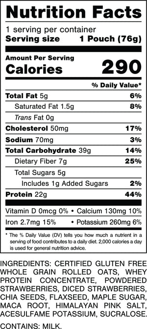 Nutrition Facts.
Serving Size: 1 Pouch (76gram).
Calories: 280.
Total Fat: 5gram 6%.
Saturated Fat: 1.5gram 8%.
Trans Fat: 0gram.
Cholesterol: 40mg 13%.
Sodium: 135mg 6%.
Total Carbohydrates: 41gram 15%.
Dietary Fiber: 7gram 25%.
Total Sugars: 9gram.
Includes: 2grams Added Sugars 4%.
Protein: 20gram 40%.
Vitamin D: 0mcg 0%.
Calcium: 150mg 10%.
Iron: 2.6mg 15%.
Potassium: 280mg 6%.

INGREDIENTS: CERTIFIED GLUTEN FREE WHOLE GRAIN ROLLED OATS, PROTEIN BLEND (WHEY PROTEIN CONCENTRATE, MILK PROTEIN CONCENTRATE), STRAWBERRIES (POWDER, DICED), DATE POWDER, CHIA SEEDS, MAPLE SUGAR, FLAXSEED, HIMALAYAN PINK SALT, NATURAL FLAVORS, MONK FRUIT. 

CONTAINS: MILK.

MADE IN A FACILITY THAT ALSO HANDLES: PEANUTS, TREE NUTS.